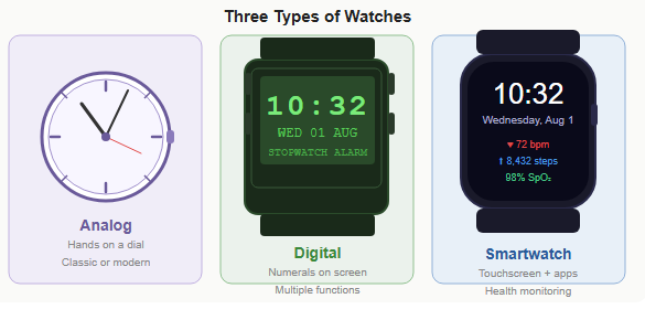 analog digital and smartwatch comparison side by side